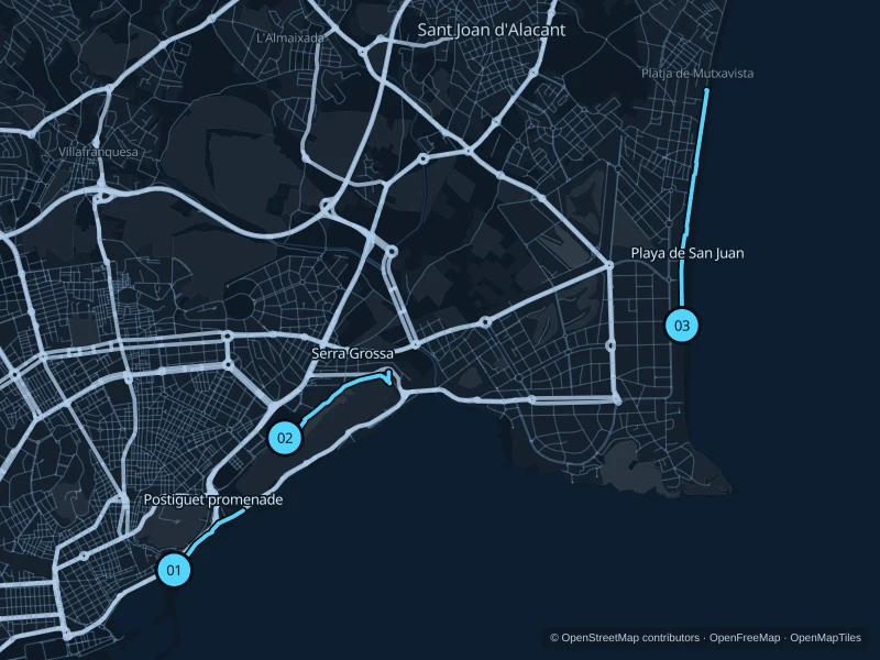 Map of Alicante with three numbered running-route starts.