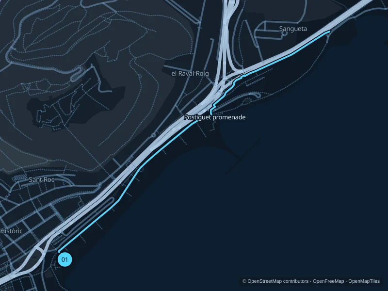 Map of the 2.3 km Postiguet & Paseo de Gómiz run, with start and finish marked 01.