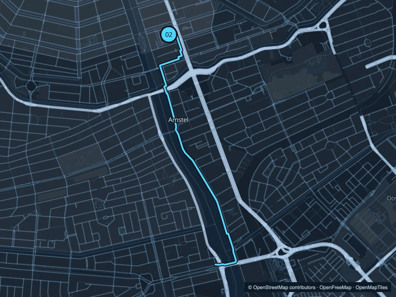 Map of the 4.4 km Amstel · Magere Brug to Berlagebrug run, with start and finish marked 02.