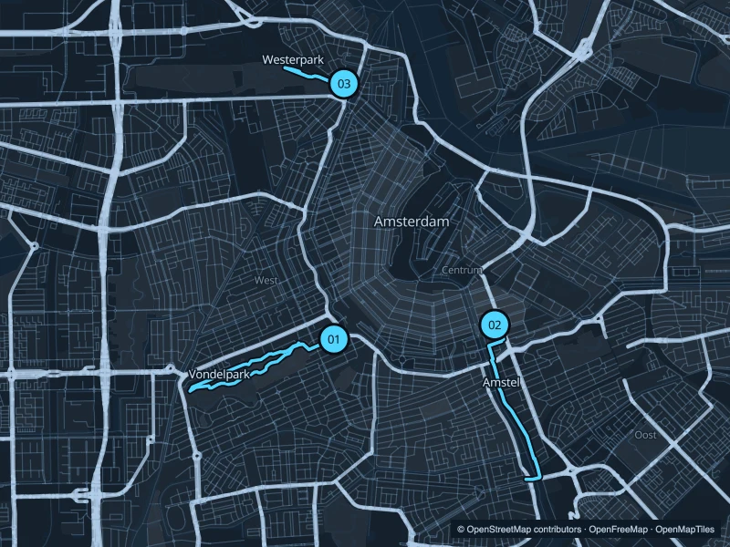 Map of Amsterdam with three numbered running-route starts.