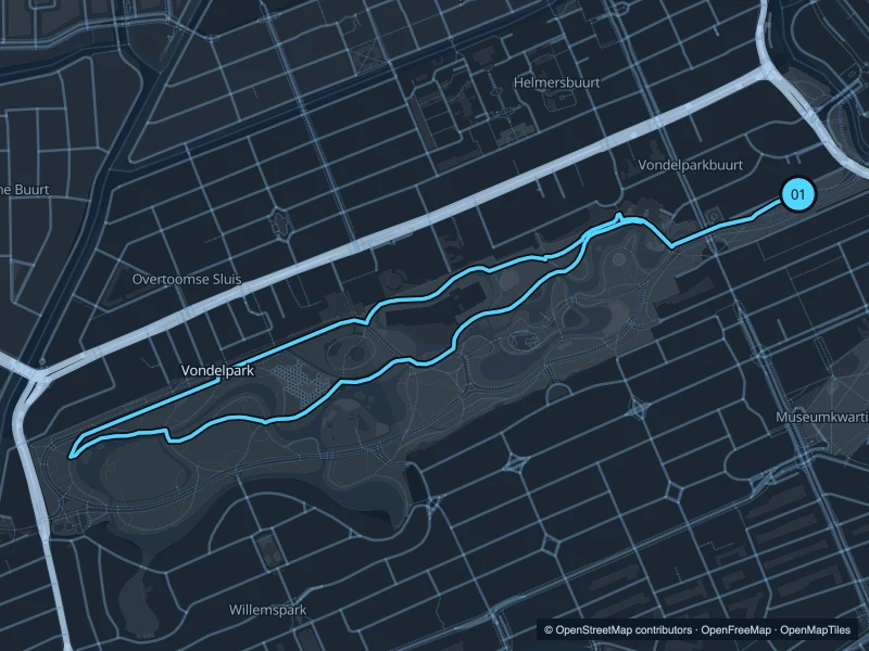 Map of the 3.7 km Vondelpark run, with start and finish marked 01.