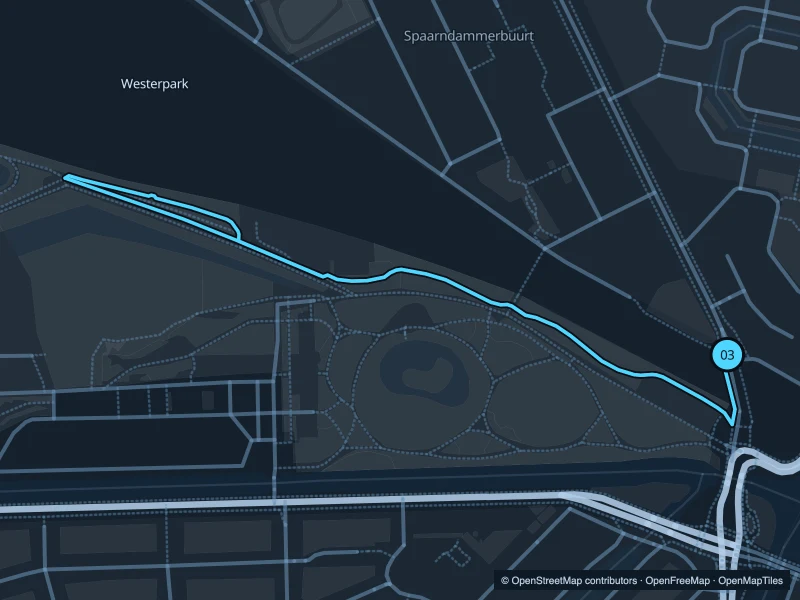 Map of the 1.6 km Westerpark run, with start and finish marked 03.