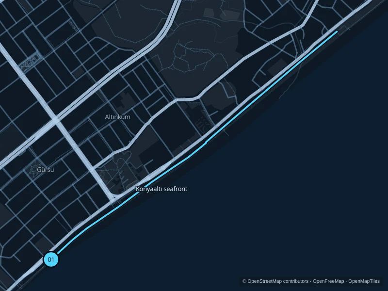 Map of the 3.8 km Konyaaltı seafront run, with start and finish marked 01.