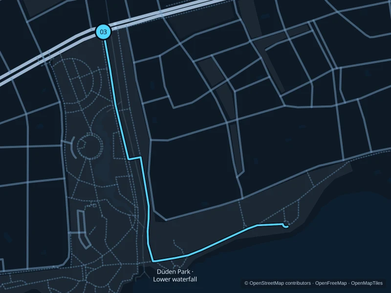 Map of the 1.8 km Düden Park · Lower waterfall run, with start and finish marked 03.