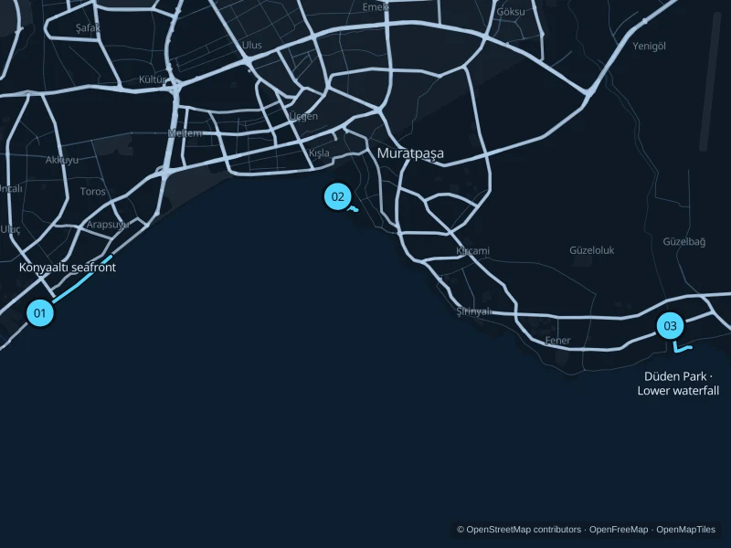 Map of Antalya with three numbered running-route starts.