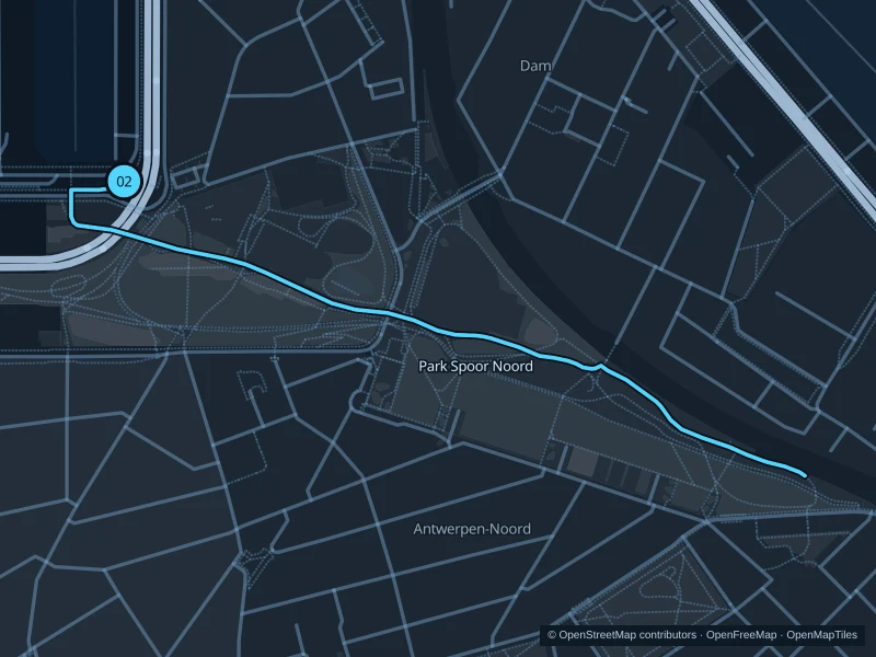 Map of the 2.3 km Park Spoor Noord run, with start and finish marked 02.
