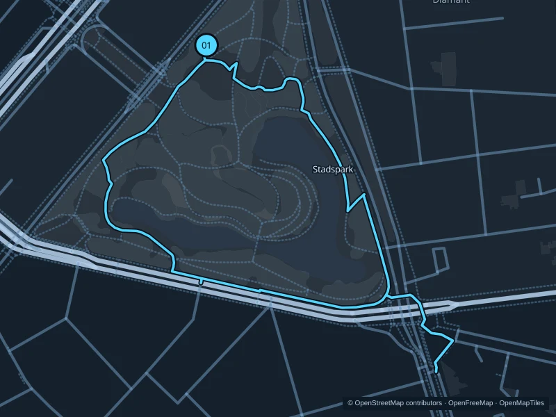 Map of the 1.7 km Stadspark run, with start and finish marked 01.