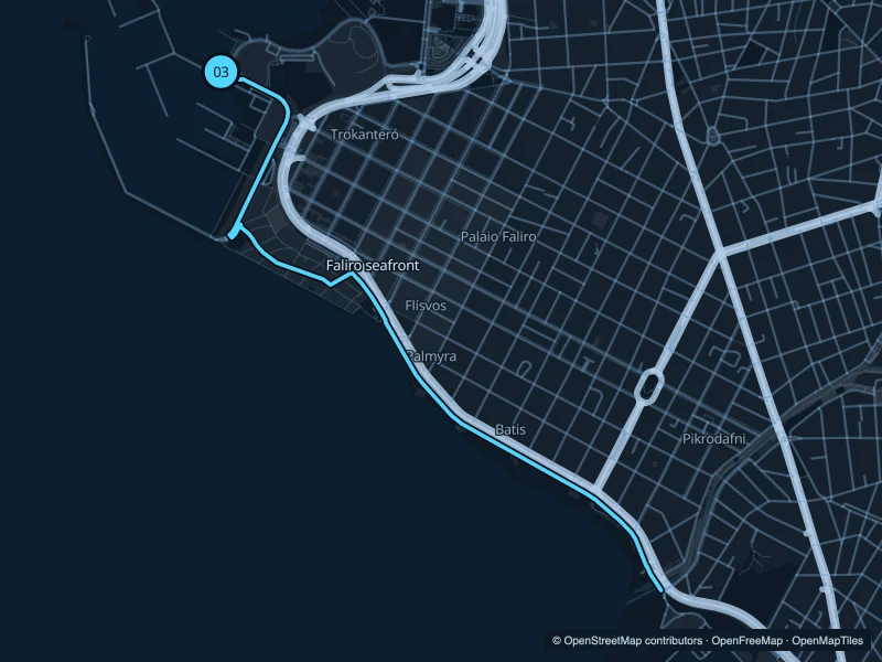 Mapa de la ruta Costa de Faliro de 5,6 km, con inicio y final 03.