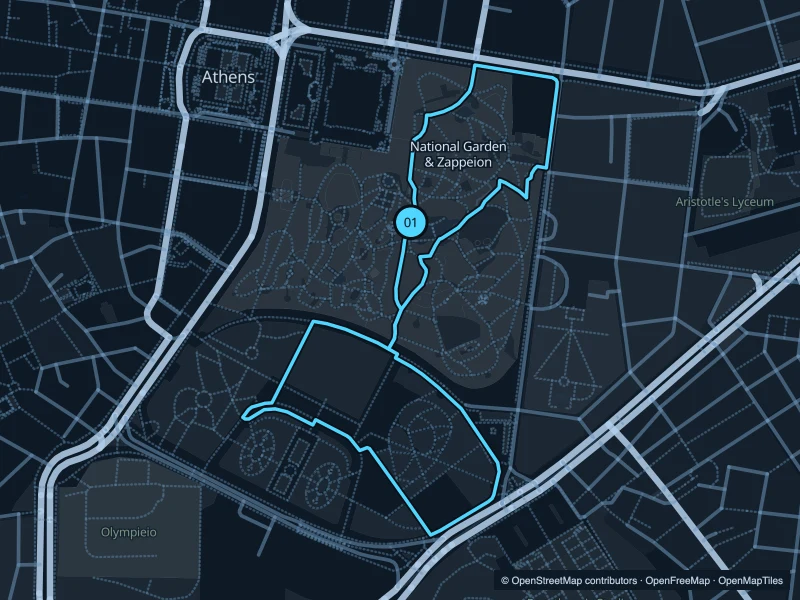 Mapa de la ruta Jardín Nacional y Zappeion de 2,3 km, con inicio y final 01.