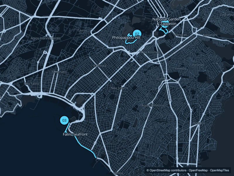 Mapa de Atenas con tres puntos de inicio numerados.