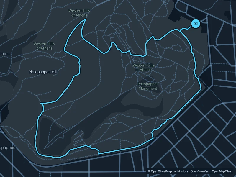 Mapa de la ruta Colina de Filopapo de 2,1 km, con inicio y final 02.