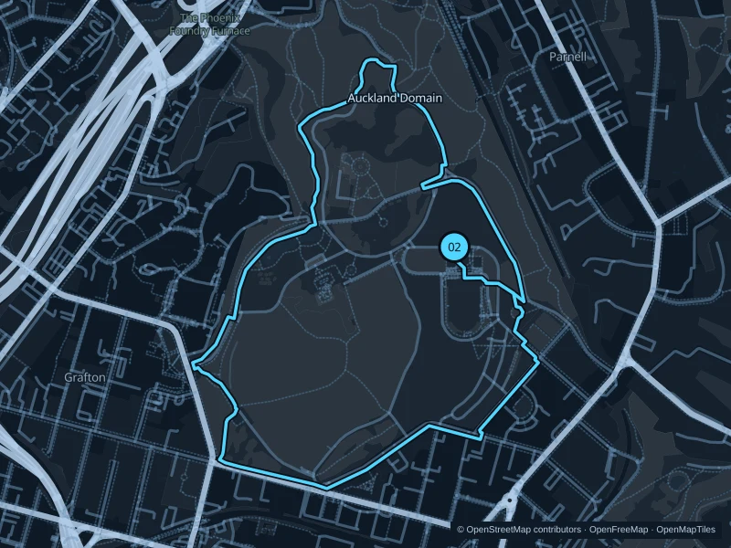 Map of the 3.7 km Pukekawa / Auckland Domain run, with start and finish marked 02.