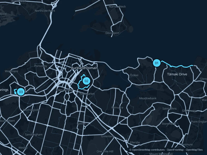 Map of Auckland with three numbered running-route starts.