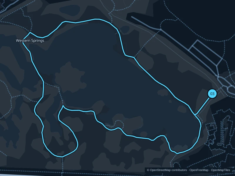Map of the 1.7 km Western Springs Lakeside / Te Wai Ōrea run, with start and finish marked 03.