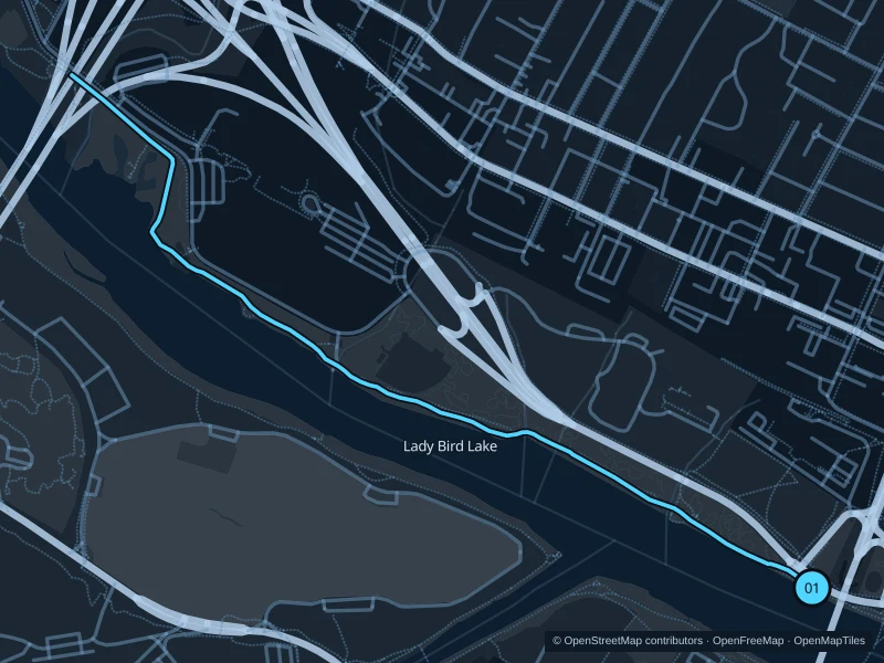 Map of the 3.6 km Butler Trail west from Pfluger Bridge run, with start and finish marked 01.