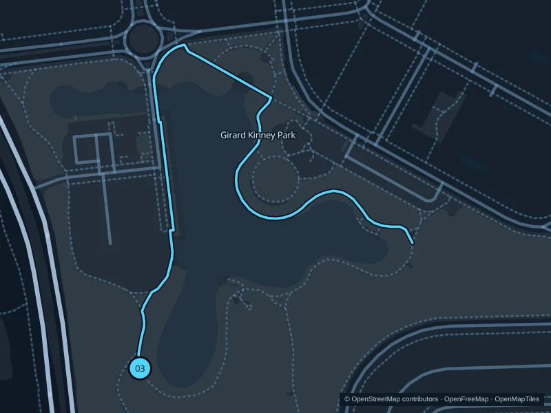 Map of the 1.5 km Mueller Lake paths run, with start and finish marked 03.
