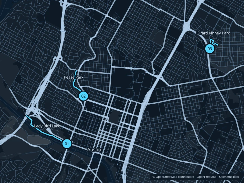 Map of Austin with three numbered running-route starts.