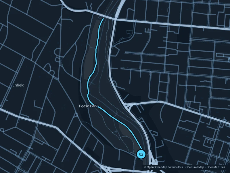 Map of the 2.1 km Pease Park beside Shoal Creek run, with start and finish marked 02.
