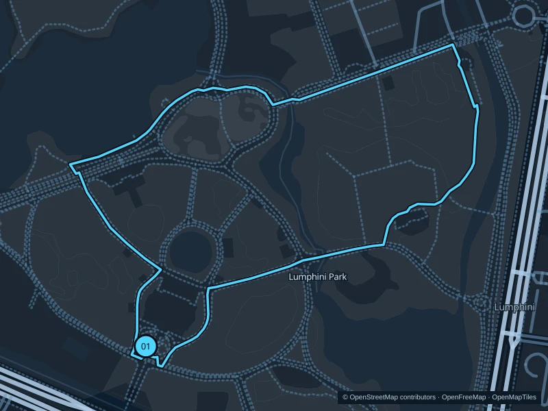 Map of the 1.6 km Lumphini Park run, with start and finish marked 01.