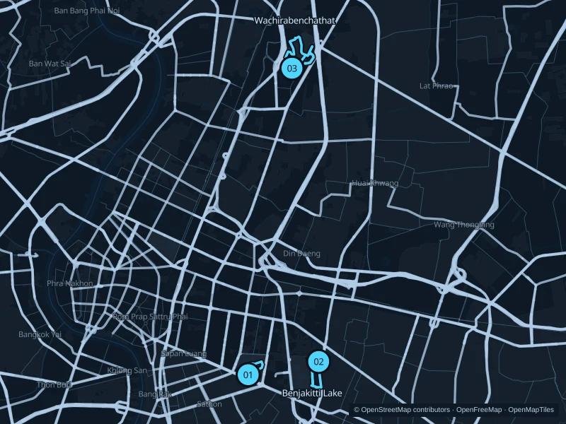 Map of Bangkok with three numbered running-route starts.