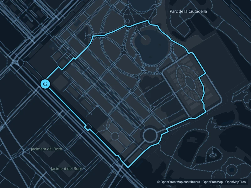 Map of the 1.3 km Parc de la Ciutadella run, with start and finish marked 02.