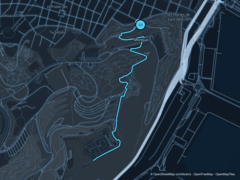 Map of the 4.0 km Montjuïc · Miramar to the castle run, with start and finish marked 03.