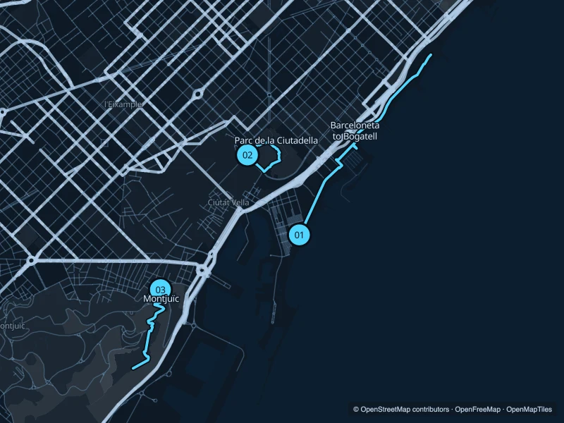 Map of Barcelona with three numbered running-route starts.