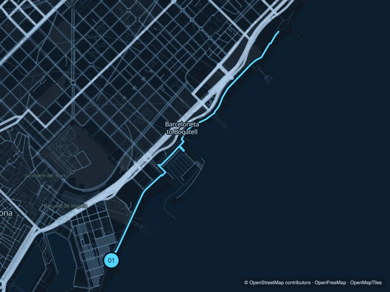 Map of the 6.6 km Barceloneta to Bogatell run, with start and finish marked 01.