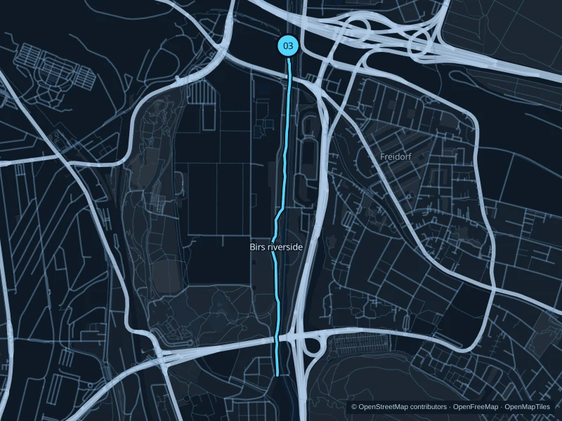 Map of the 3.0 km Birs · St. Jakob to Brüglingen run, with start and finish marked 03.