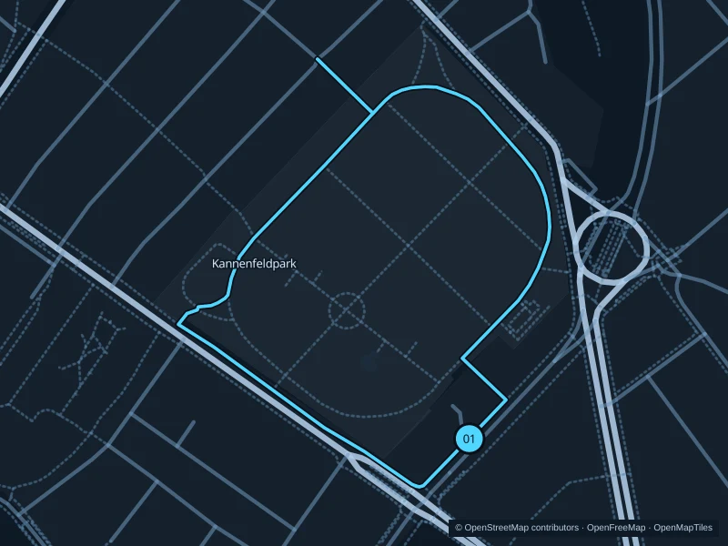 Map of the 2.6 km Kannenfeldpark · two laps run, with start and finish marked 01.