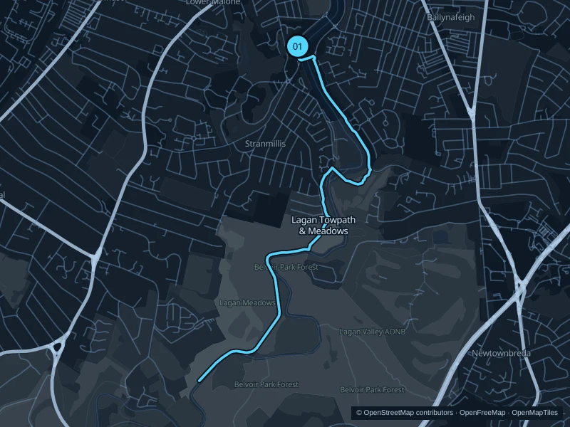 Map of the 6.8 km Lagan Towpath & Meadows run, with start and finish marked 01.
