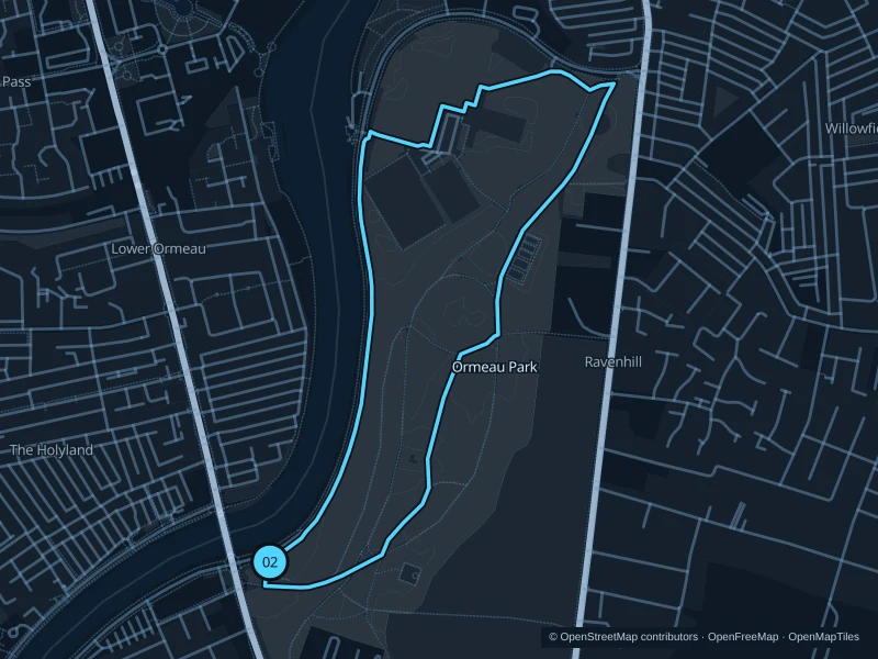 Map of the 2.6 km Ormeau Park run, with start and finish marked 02.
