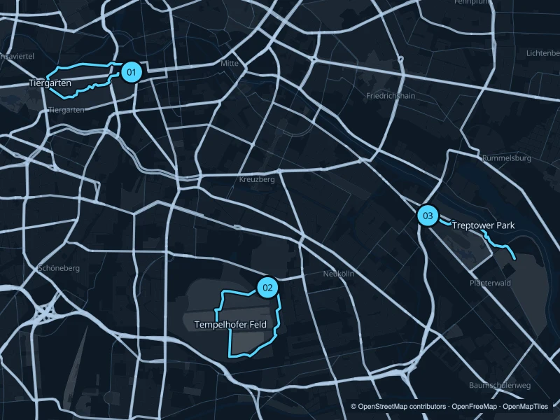 Map of Berlin with three numbered running-route starts.