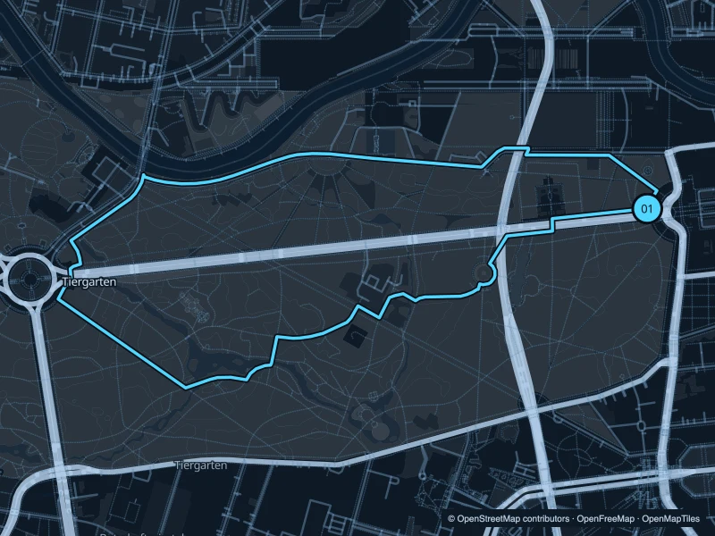 Map of the 4.2 km Tiergarten run, with start and finish marked 01.