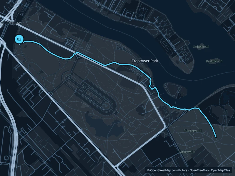 Map of the 4.5 km Treptower Park · Spree run, with start and finish marked 03.