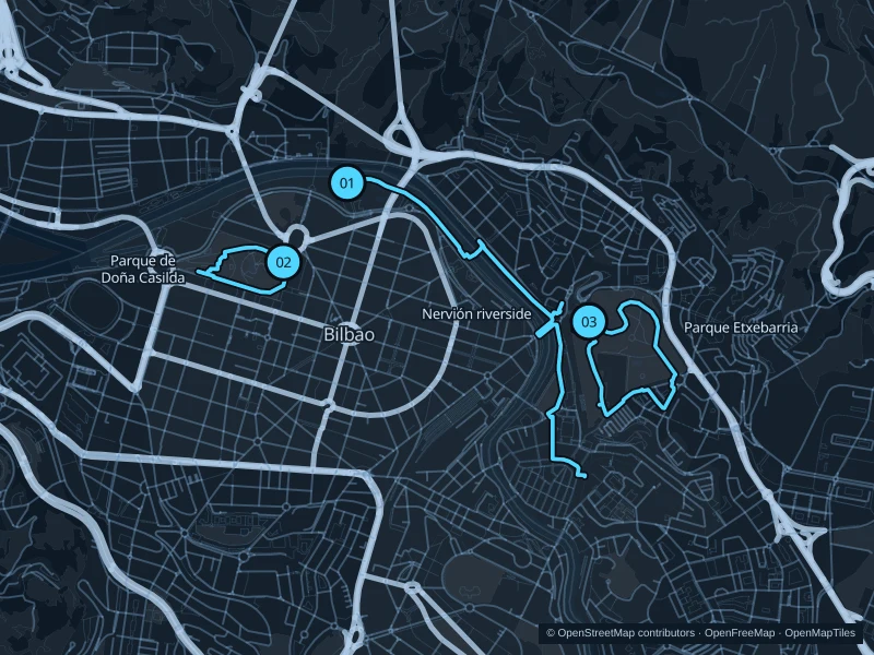 Map of Bilbao with three numbered running-route starts.