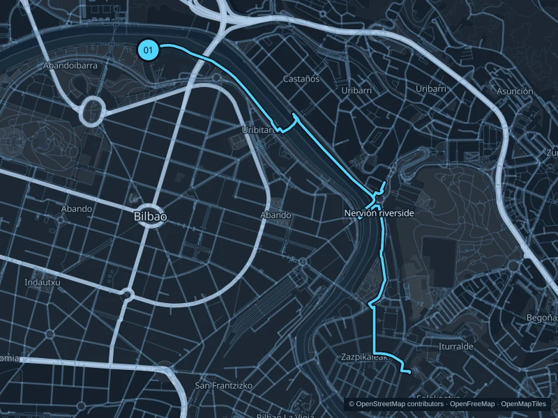 Map of the 5.2 km Nervión · Guggenheim to Old Town run, with start and finish marked 01.