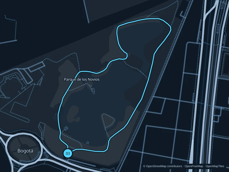 Map of the 1.4 km Parque de los Novios run, with start and finish marked 03.
