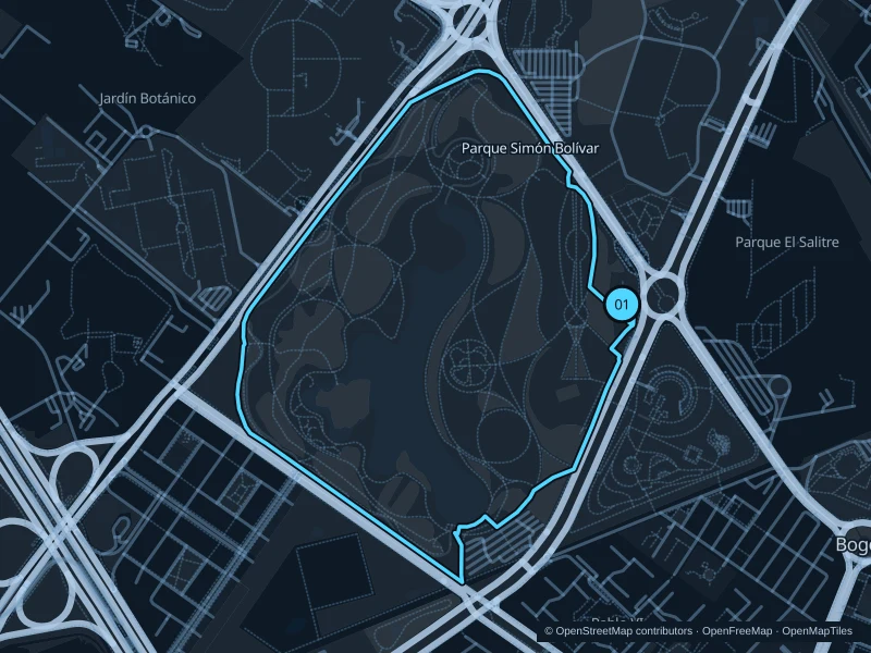 Map of the 4.0 km Parque Simón Bolívar run, with start and finish marked 01.