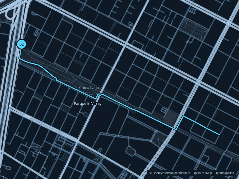 Map of the 3.4 km Parque El Virrey run, with start and finish marked 02.