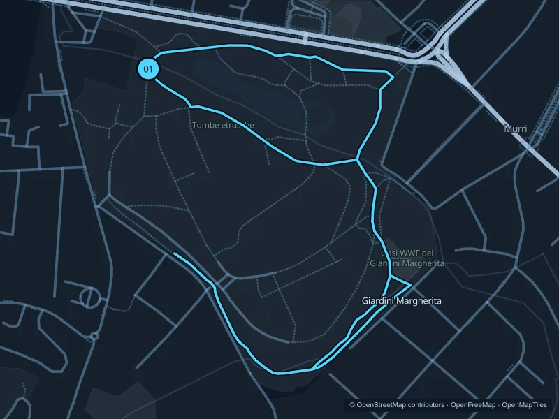Karte der 2,7 km langen Strecke Giardini Margherita, Start und Ziel sind mit 01 markiert.