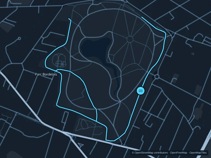 Mapa de la ruta Parc Bordelais de 3,1 km, con inicio y llegada marcados como 03.