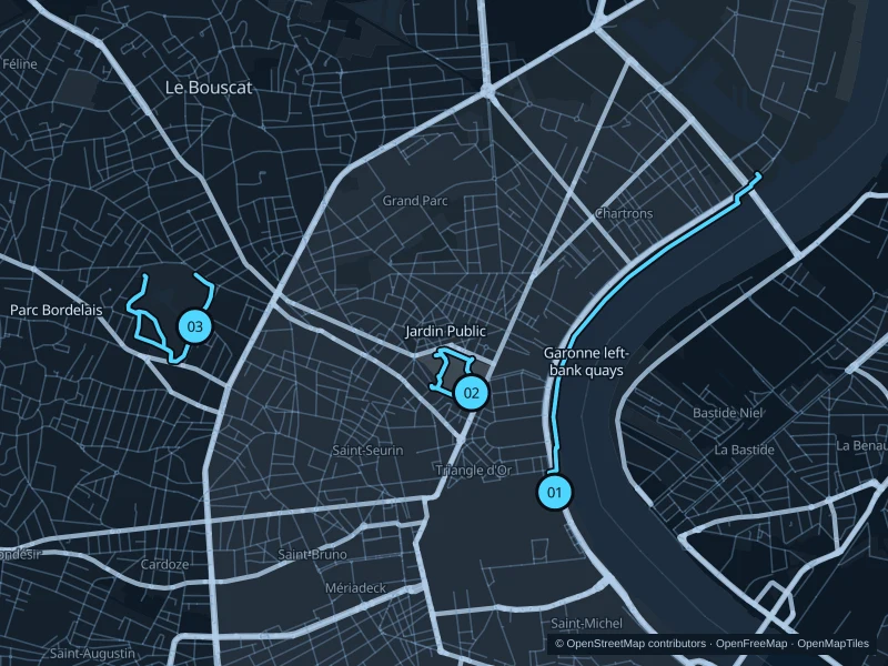 Mapa de Burdeos con los puntos de inicio numerados de tres rutas para correr.