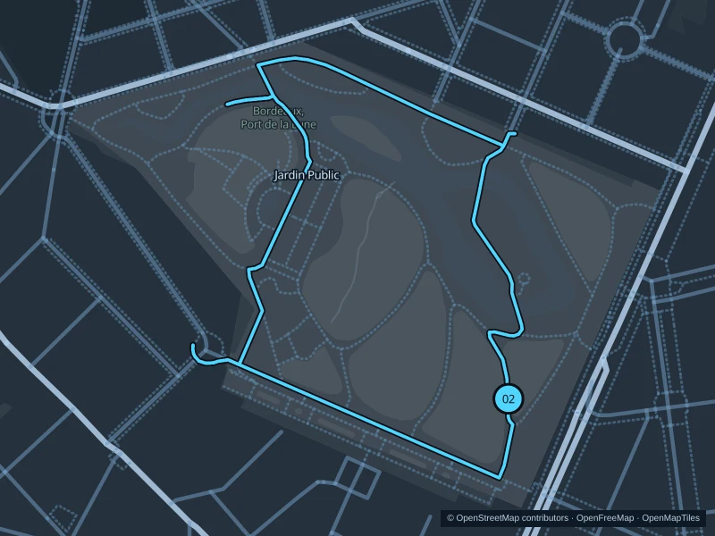 Mapa de la ruta de 2,6 km por el Jardin Public (dos vueltas), con inicio y llegada marcados como 02.