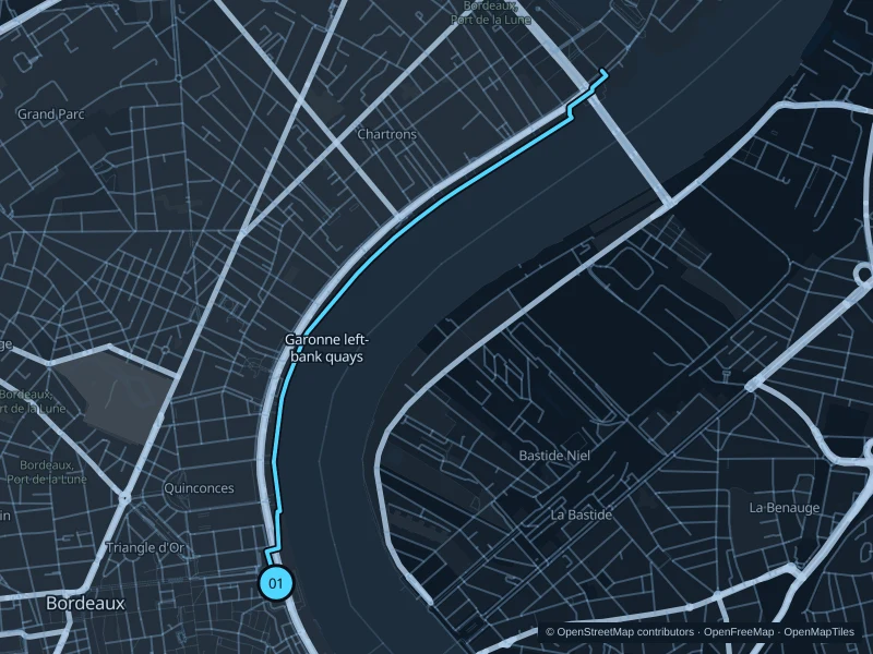Mapa de la ruta de 5,6 km por los muelles de la margen izquierda del Garona, con inicio y llegada marcados como 01.