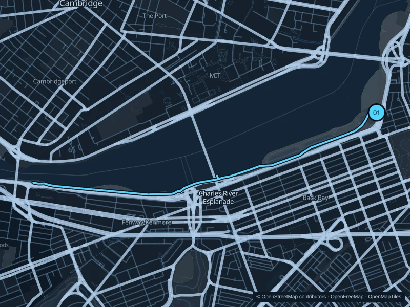 Map of the 6.4 km Charles River Esplanade run, with start and finish marked 01.