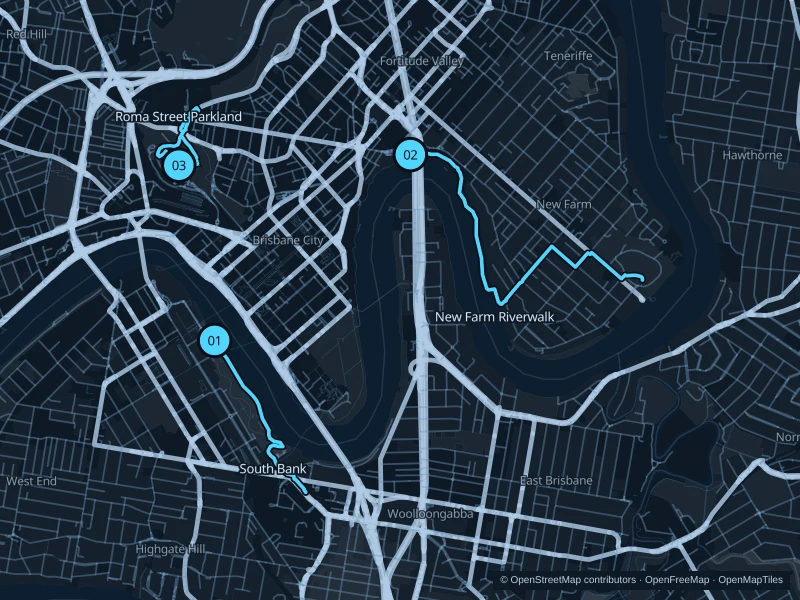 Karte von Brisbane mit drei nummerierten Startpunkten für Laufstrecken.