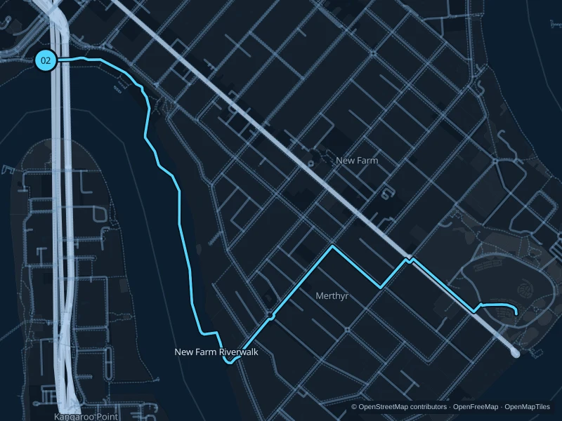 Karte der 5,8 km langen Laufstrecke Howard Smith Wharves · New Farm Riverwalk, Start und Ziel mit 02 markiert.