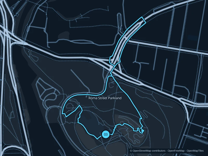 Karte der 1,5 km langen Laufstrecke Roma Street Parkland, Start und Ziel mit 03 markiert.