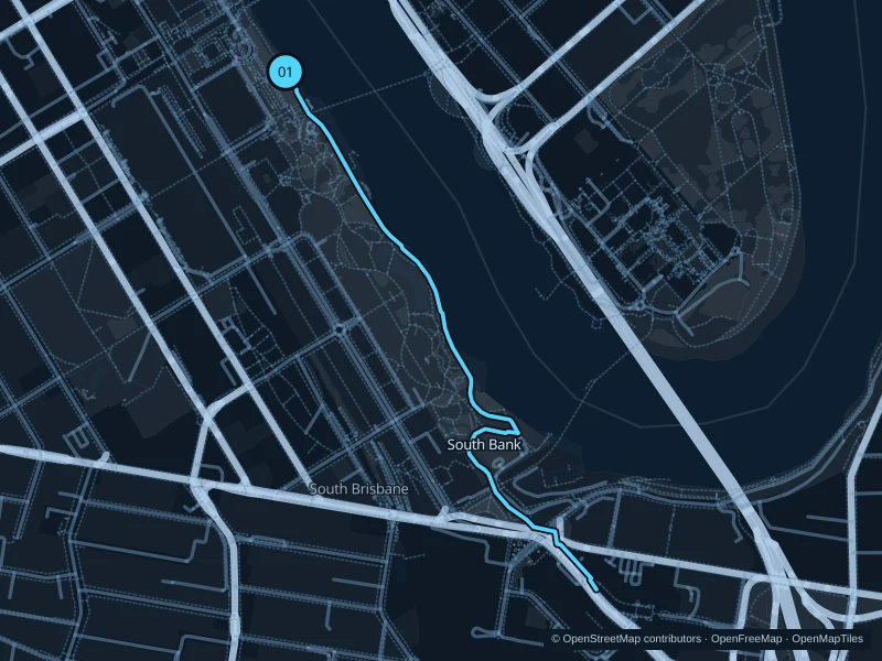 Karte der 3,0 km langen Laufstrecke South Bank · Clem Jones Promenade, Start und Ziel mit 01 markiert.